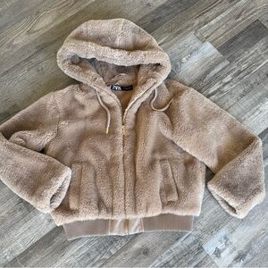 ZARA Plush Hooded Bomber Jacket - Taupe